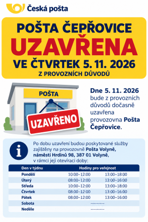Uzavřena pošta Čepřovice